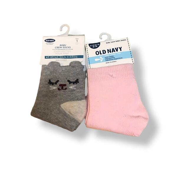 Old Navy Girls Socks Size 4T 5T Crew 2 Pair Pink Solid Gray Cat Print‎ NEW - Picture 1 of 5